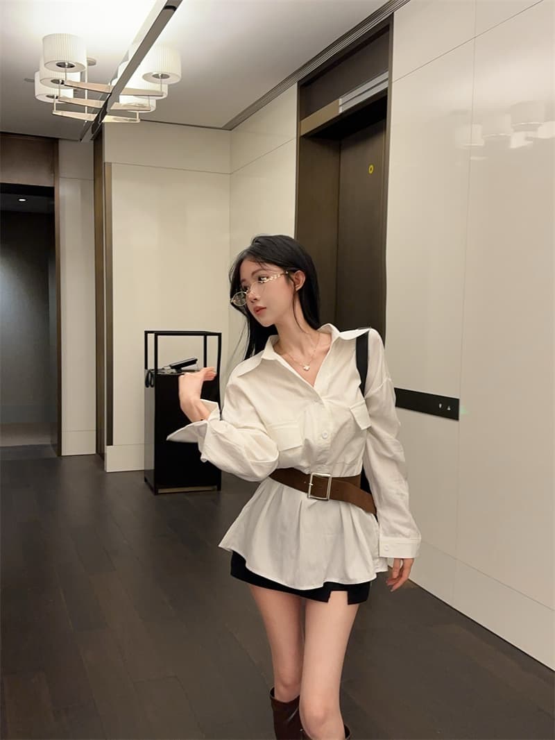 실사 품격 폴로 칼라 연령 감소 긴팔 화이트 여성 셔츠 벨트 포함 상세 이미지 11