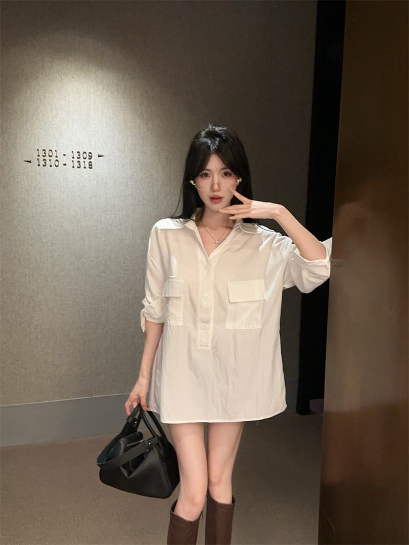 실사 품격 폴로 칼라 연령 감소 긴팔 화이트 여성 셔츠 벨트 포함 상세 이미지 12