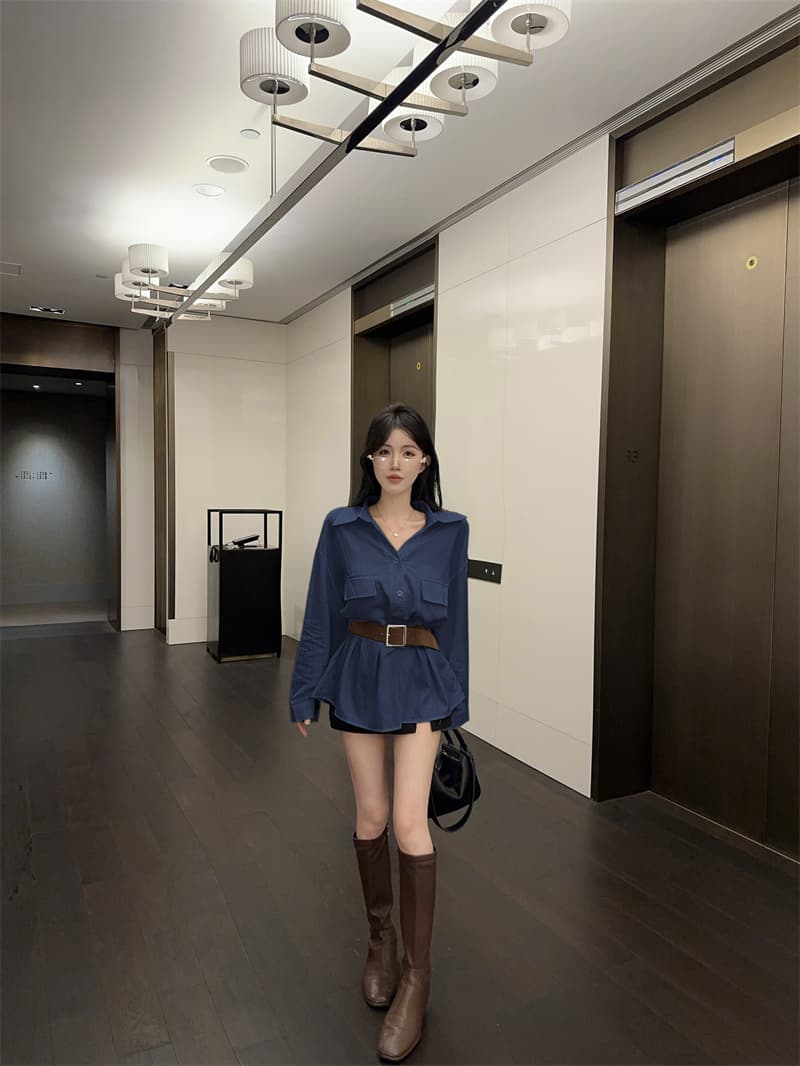 실사 품격 폴로 칼라 연령 감소 긴팔 화이트 여성 셔츠 벨트 포함 상세 이미지 19