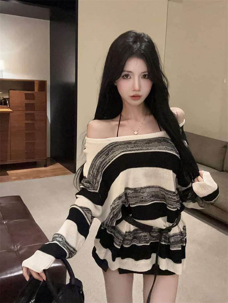 실사 연령 감소 패치워크 색상 얇은 스타일 스트라이프 긴팔 니트 스웨터 여성 벨트 포함 이미지 3