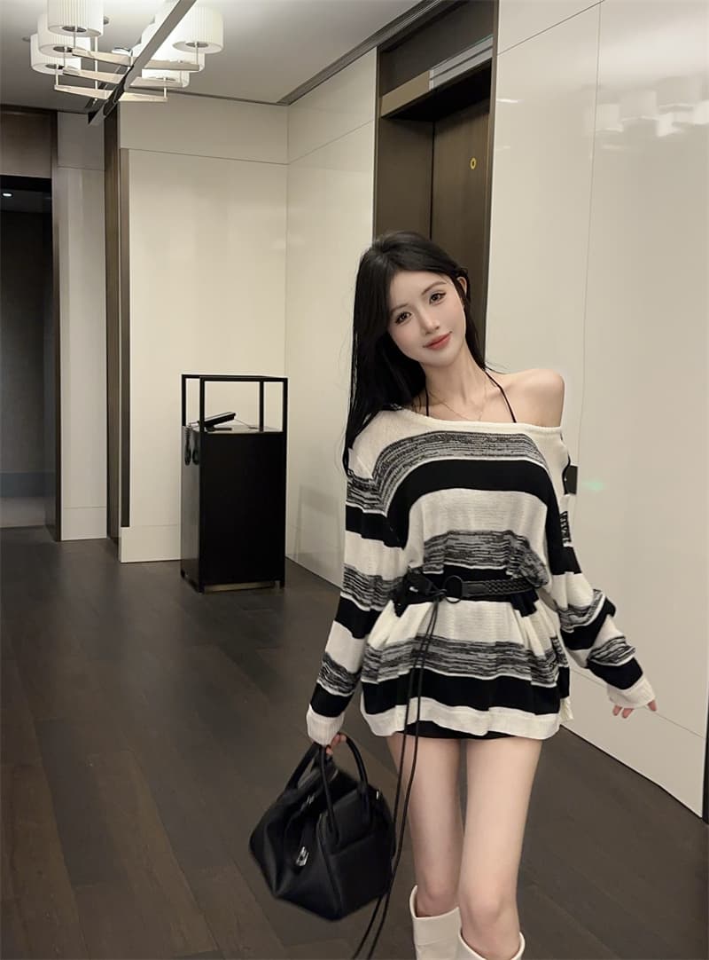 실사 연령 감소 패치워크 색상 얇은 스타일 스트라이프 긴팔 니트 스웨터 여성 벨트 포함 상세 이미지 2