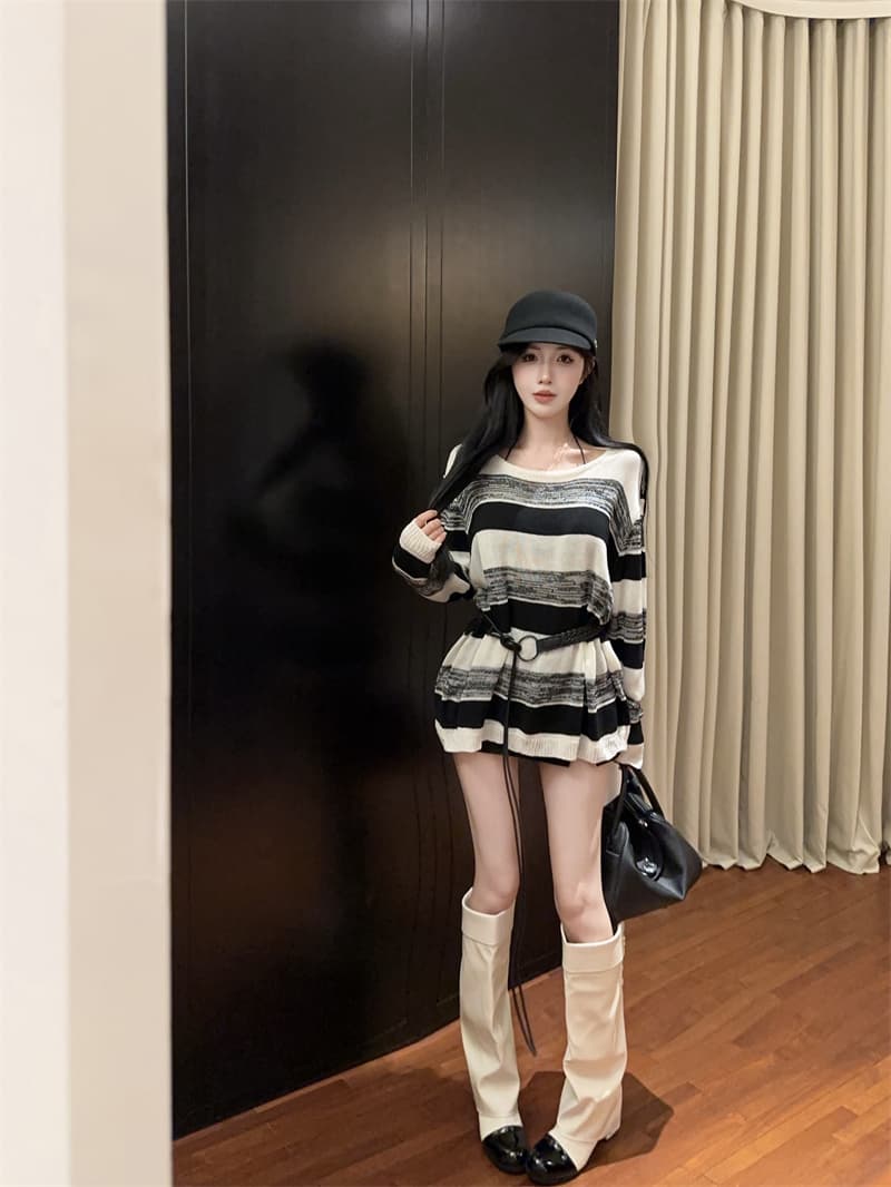 실사 연령 감소 패치워크 색상 얇은 스타일 스트라이프 긴팔 니트 스웨터 여성 벨트 포함 상세 이미지 11