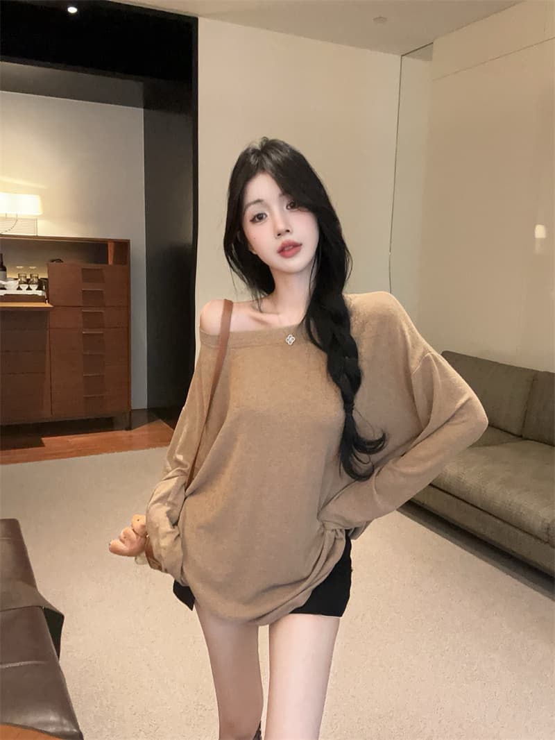실사 오프숄더 조심해. 함장 소매 허리 수축 슬림해 보이는 티셔츠 맨위 여성 경기 와이드 섹션 벨트 상세 이미지 3
