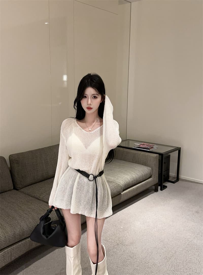 실사 섹시함 연령 감소 허리 수축 슬림해 보이는 홀로우 아웃 니트 스웨터 여성 벨트 포함