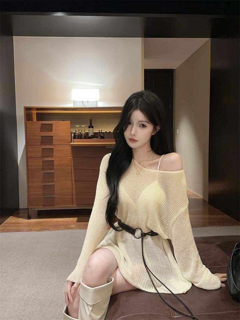 실사 섹시함 연령 감소 허리 수축 슬림해 보이는 홀로우 아웃 니트 스웨터 여성 벨트 포함 이미지 3