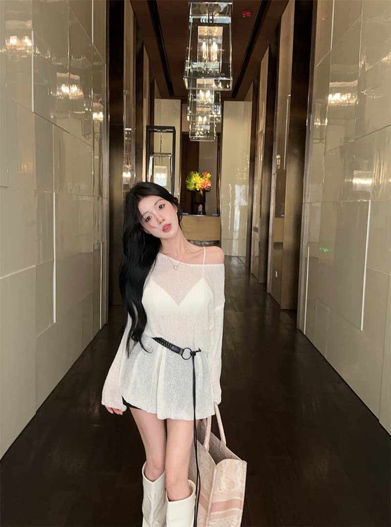 실사 섹시함 연령 감소 허리 수축 슬림해 보이는 홀로우 아웃 니트 스웨터 여성 벨트 포함 상세 이미지 4
