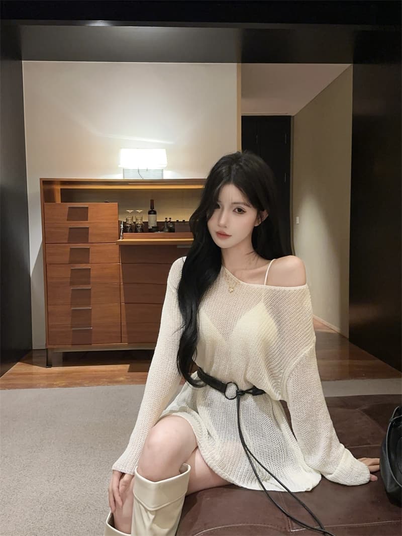 실사 섹시함 연령 감소 허리 수축 슬림해 보이는 홀로우 아웃 니트 스웨터 여성 벨트 포함 상세 이미지 9