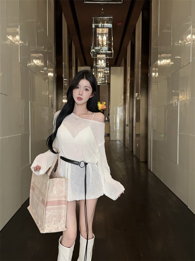 실사 섹시함 연령 감소 허리 수축 슬림해 보이는 홀로우 아웃 니트 스웨터 여성 벨트 포함 상세 이미지 11