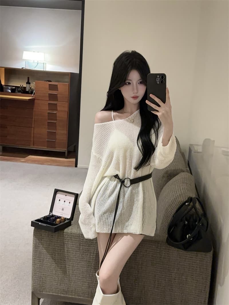 실사 섹시함 연령 감소 허리 수축 슬림해 보이는 홀로우 아웃 니트 스웨터 여성 벨트 포함 상세 이미지 12