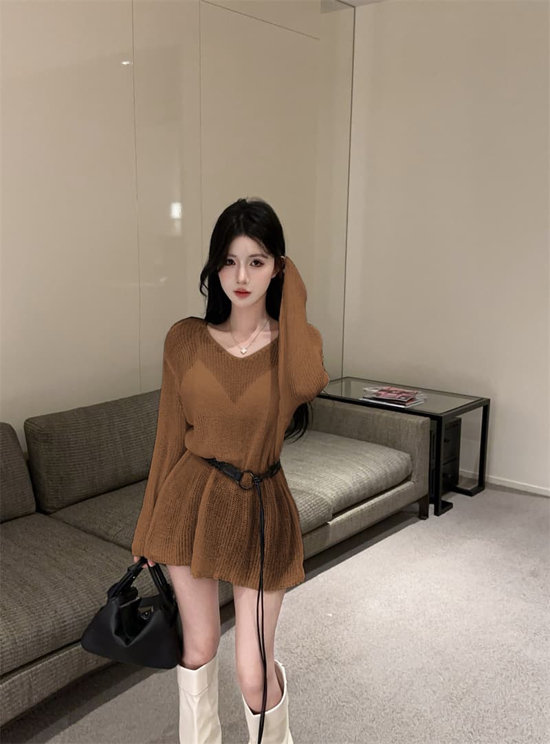 실사 섹시함 연령 감소 허리 수축 슬림해 보이는 홀로우 아웃 니트 스웨터 여성 벨트 포함 상세 이미지 14