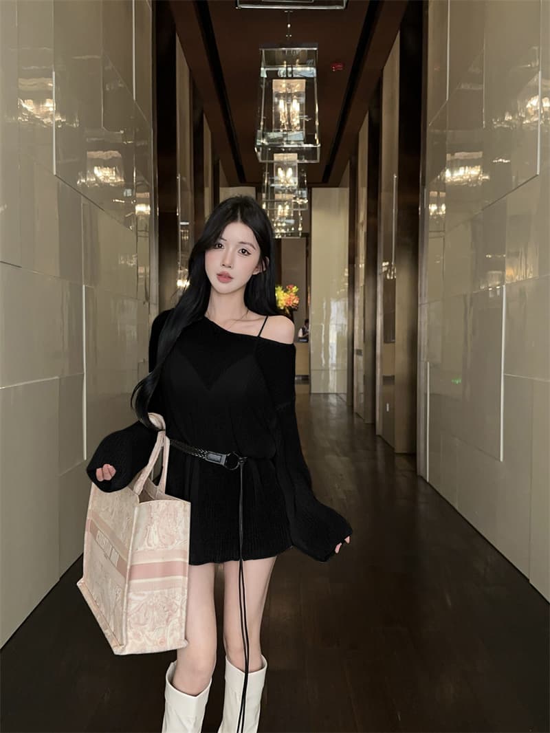 실사 섹시함 연령 감소 허리 수축 슬림해 보이는 홀로우 아웃 니트 스웨터 여성 벨트 포함 상세 이미지 18