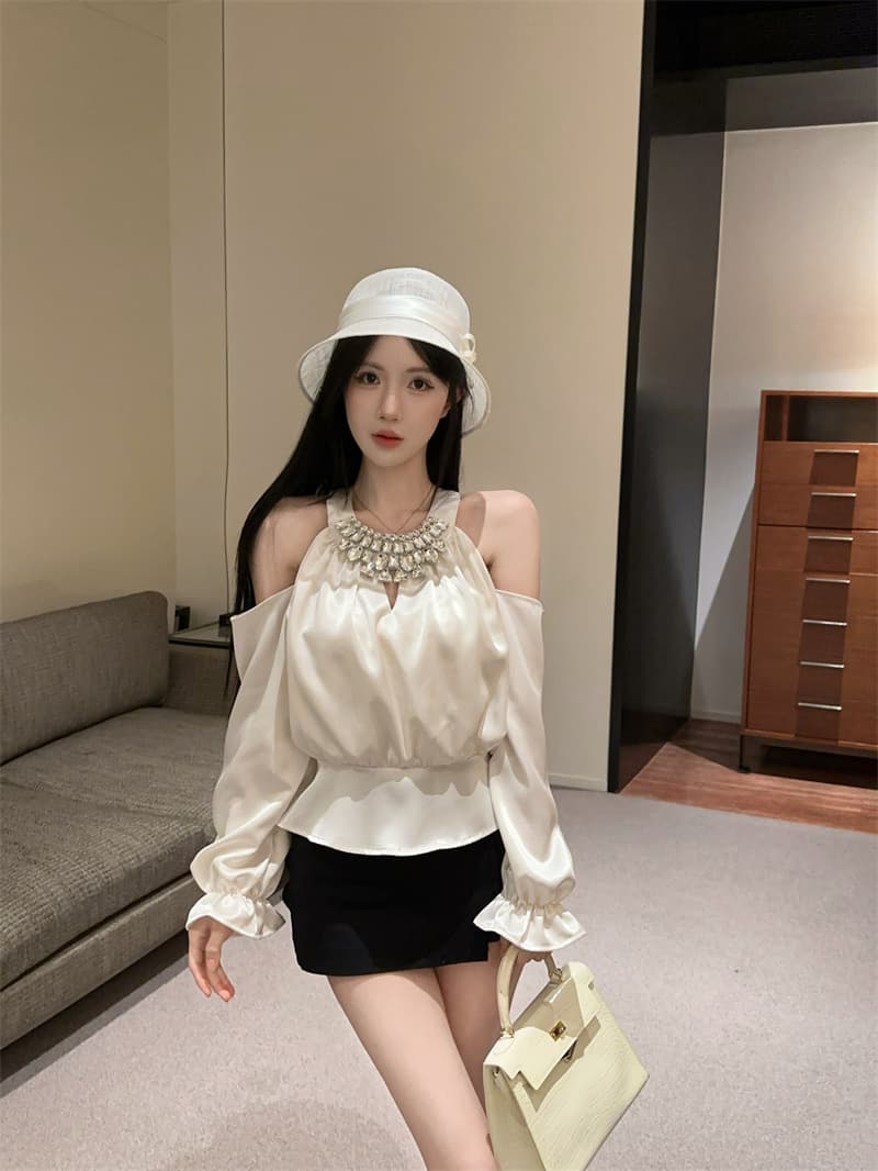 실사 정가 섹시함 홀로우 아웃 패치워크 다이아몬드 세팅 무거운 작업 행침 목 셔츠 맨위 여성 상세 이미지 2