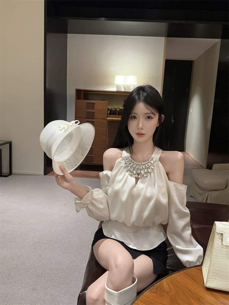 실사 정가 섹시함 홀로우 아웃 패치워크 다이아몬드 세팅 무거운 작업 행침 목 셔츠 맨위 여성 상세 이미지 3