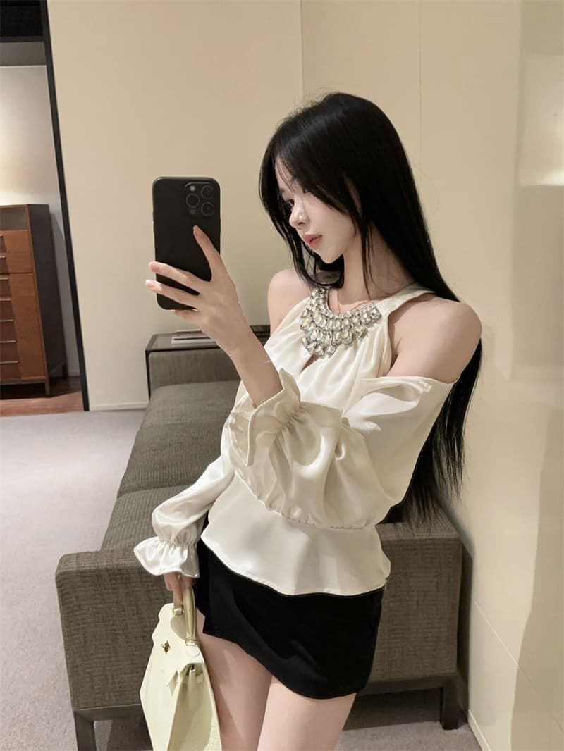 실사 정가 섹시함 홀로우 아웃 패치워크 다이아몬드 세팅 무거운 작업 행침 목 셔츠 맨위 여성 상세 이미지 4