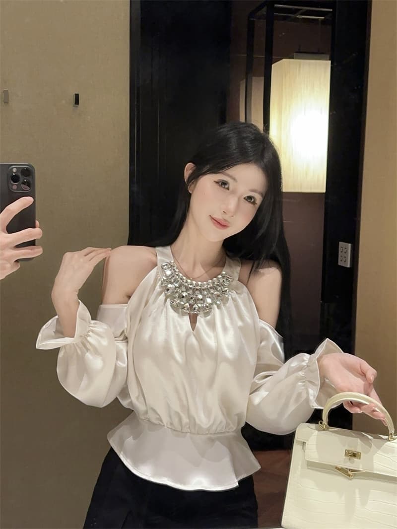 실사 정가 섹시함 홀로우 아웃 패치워크 다이아몬드 세팅 무거운 작업 행침 목 셔츠 맨위 여성 상세 이미지 5