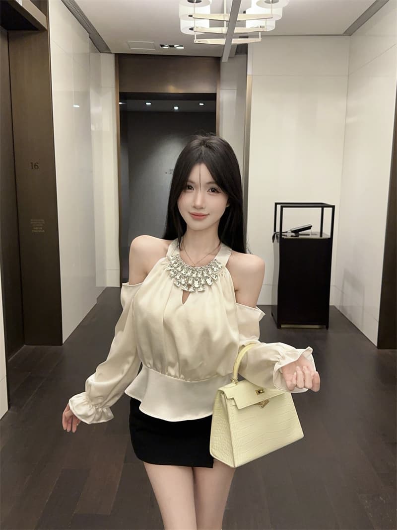 실사 정가 섹시함 홀로우 아웃 패치워크 다이아몬드 세팅 무거운 작업 행침 목 셔츠 맨위 여성 상세 이미지 7