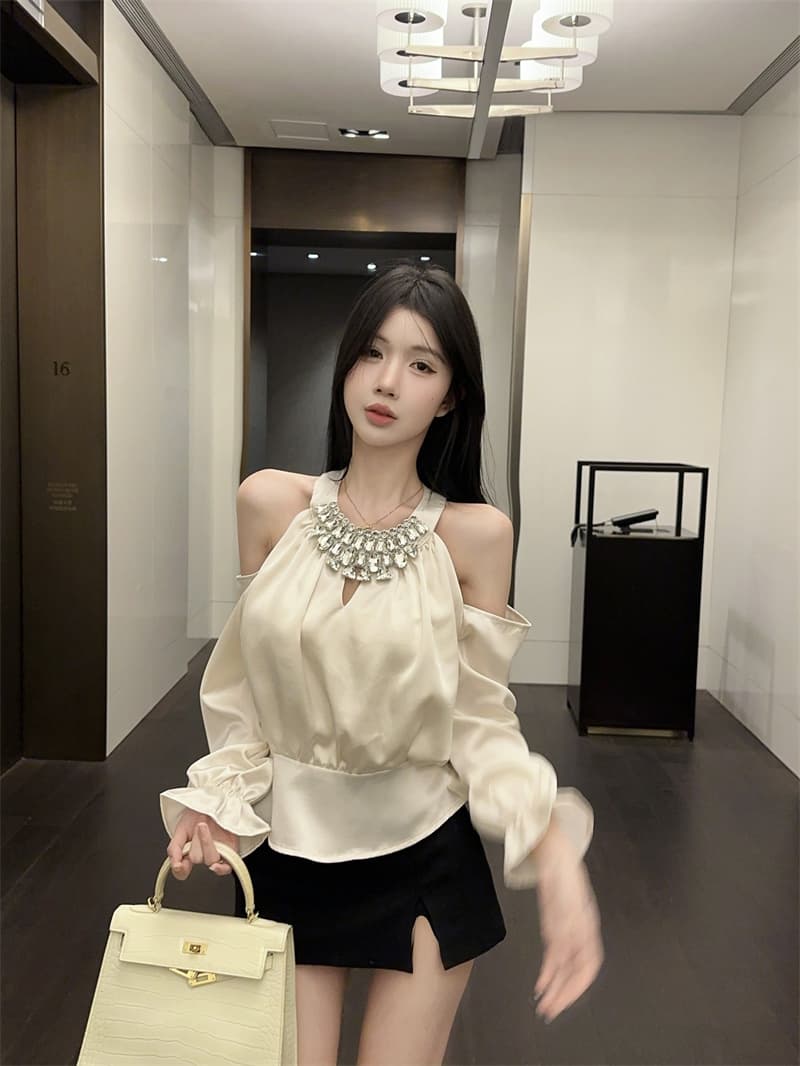 실사 정가 섹시함 홀로우 아웃 패치워크 다이아몬드 세팅 무거운 작업 행침 목 셔츠 맨위 여성 상세 이미지 9