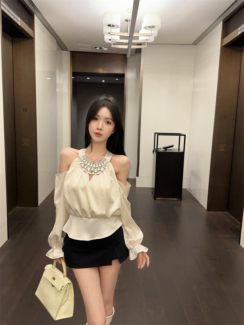 실사 정가 섹시함 홀로우 아웃 패치워크 다이아몬드 세팅 무거운 작업 행침 목 셔츠 맨위 여성 상세 이미지 11