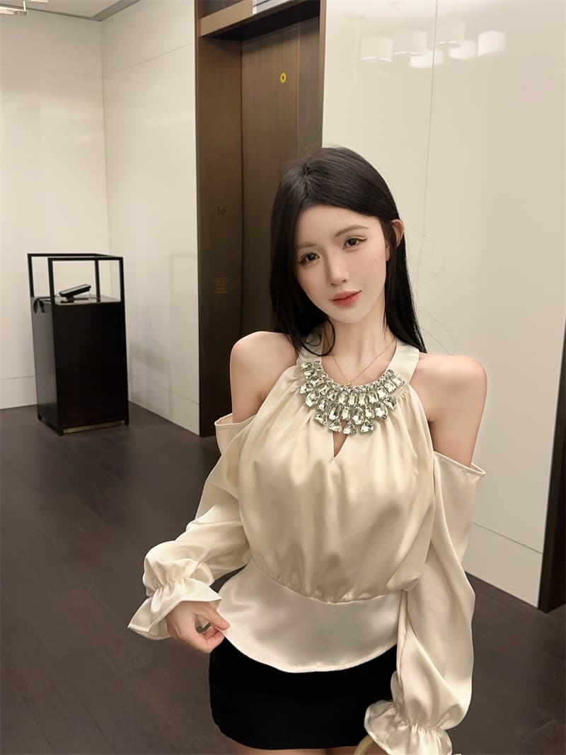 실사 정가 섹시함 홀로우 아웃 패치워크 다이아몬드 세팅 무거운 작업 행침 목 셔츠 맨위 여성 상세 이미지 12