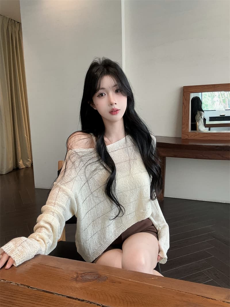 실사 품격 V넥 슬립 비스듬한 어깨 긴팔 얇은 스타일 니트 스웨터 두 조각 여성 세트 상세 이미지 7