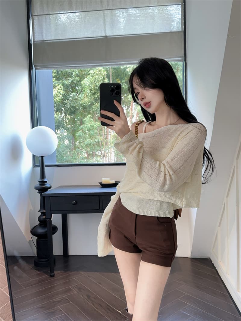 실사 품격 V넥 슬립 비스듬한 어깨 긴팔 얇은 스타일 니트 스웨터 두 조각 여성 세트 상세 이미지 8