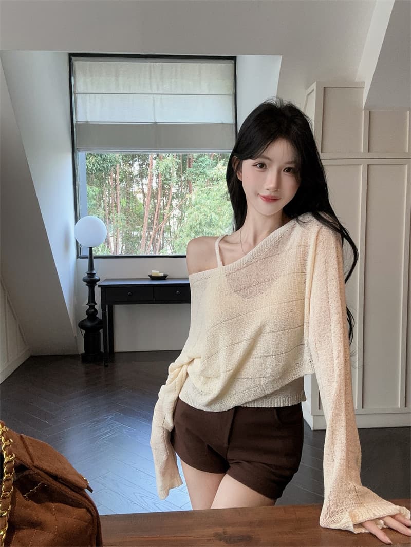 실사 품격 V넥 슬립 비스듬한 어깨 긴팔 얇은 스타일 니트 스웨터 두 조각 여성 세트 상세 이미지 12