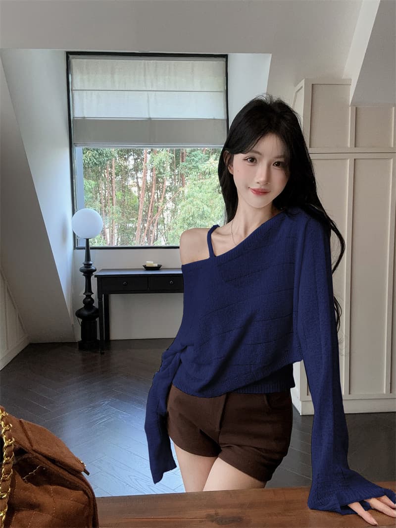 실사 품격 V넥 슬립 비스듬한 어깨 긴팔 얇은 스타일 니트 스웨터 두 조각 여성 세트 상세 이미지 13