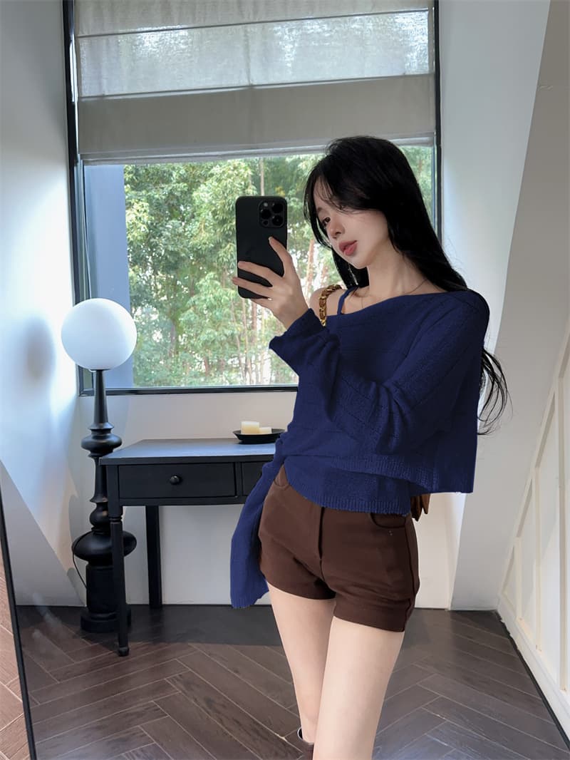 실사 품격 V넥 슬립 비스듬한 어깨 긴팔 얇은 스타일 니트 스웨터 두 조각 여성 세트 상세 이미지 14