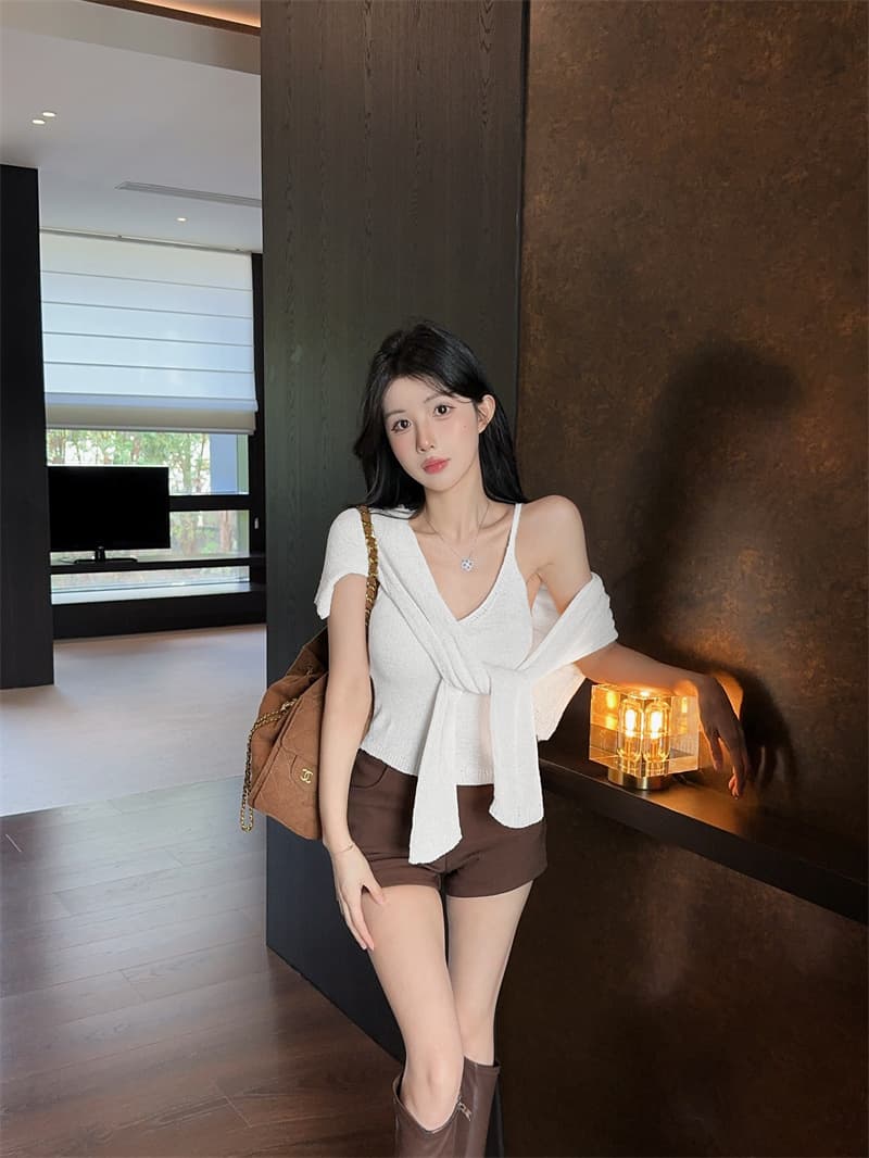 실사 품격 V넥 슬립 비스듬한 어깨 긴팔 얇은 스타일 니트 스웨터 두 조각 여성 세트 상세 이미지 15