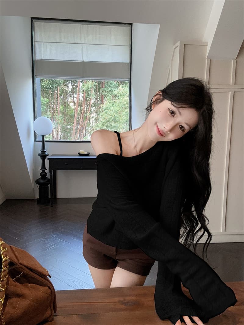 실사 품격 V넥 슬립 비스듬한 어깨 긴팔 얇은 스타일 니트 스웨터 두 조각 여성 세트 상세 이미지 18