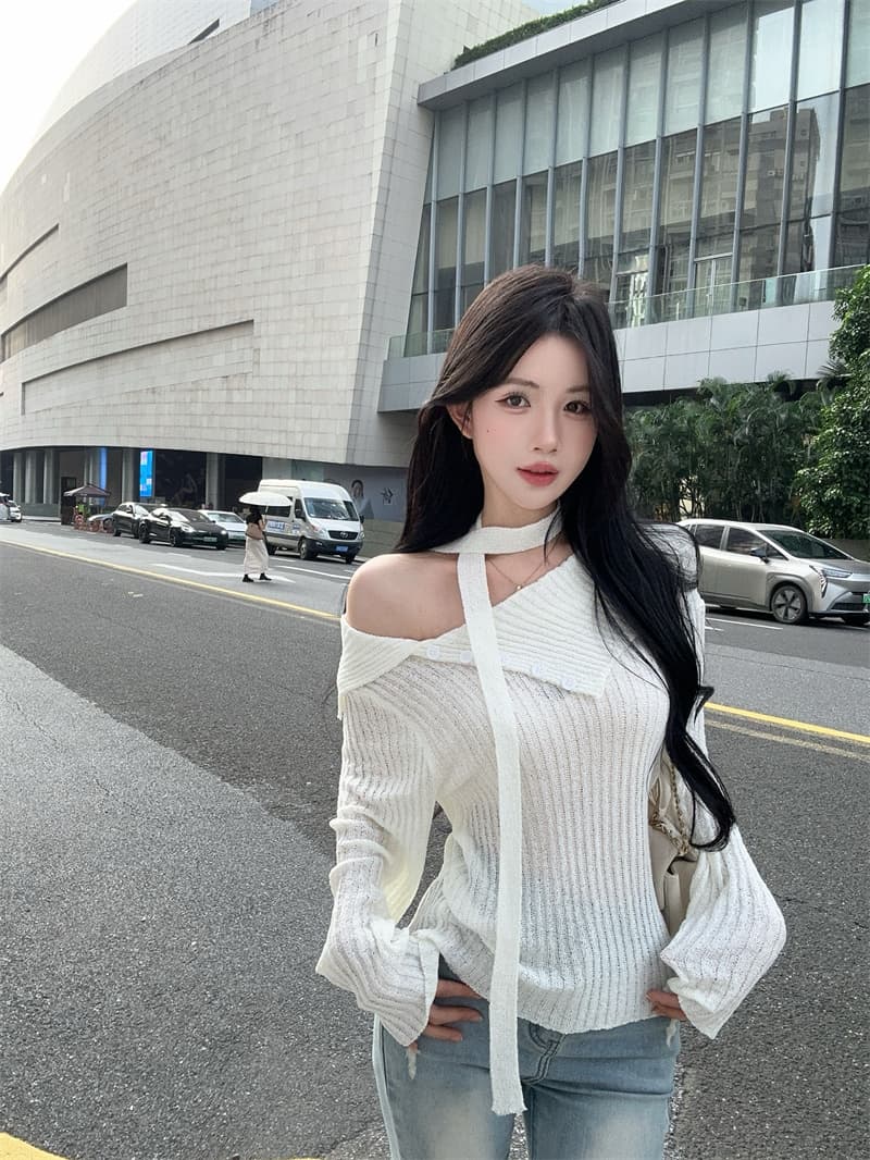 실사 고급 센스 비스듬한 어깨 대 뒤집다 측면 리본 긴팔 얇은 스타일 니트 스웨터 여성 상세 이미지 1