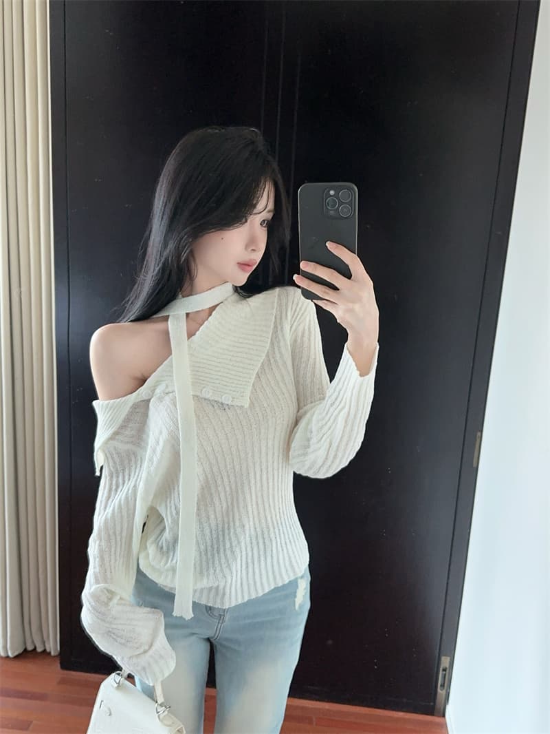 실사 고급 센스 비스듬한 어깨 대 뒤집다 측면 리본 긴팔 얇은 스타일 니트 스웨터 여성 상세 이미지 2
