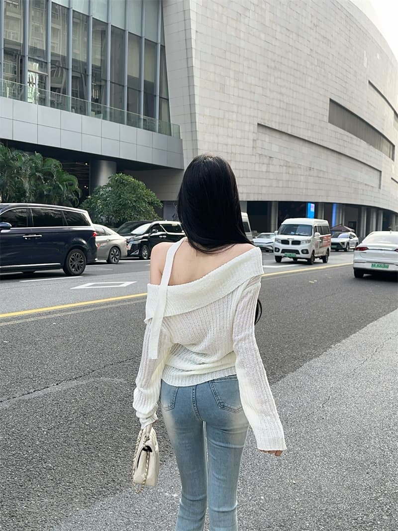실사 고급 센스 비스듬한 어깨 대 뒤집다 측면 리본 긴팔 얇은 스타일 니트 스웨터 여성 상세 이미지 3