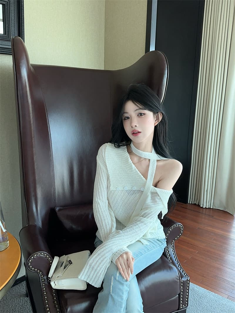 실사 고급 센스 비스듬한 어깨 대 뒤집다 측면 리본 긴팔 얇은 스타일 니트 스웨터 여성 상세 이미지 4