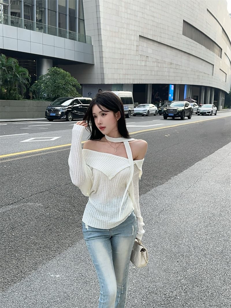 실사 고급 센스 비스듬한 어깨 대 뒤집다 측면 리본 긴팔 얇은 스타일 니트 스웨터 여성 상세 이미지 7