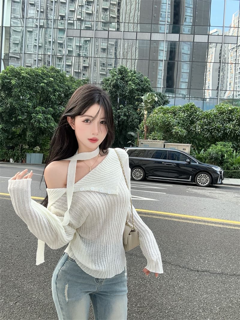 실사 고급 센스 비스듬한 어깨 대 뒤집다 측면 리본 긴팔 얇은 스타일 니트 스웨터 여성 상세 이미지 8