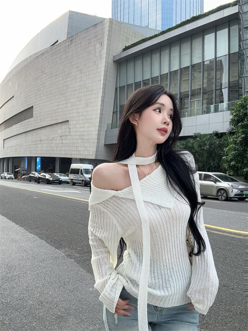 실사 고급 센스 비스듬한 어깨 대 뒤집다 측면 리본 긴팔 얇은 스타일 니트 스웨터 여성 상세 이미지 9