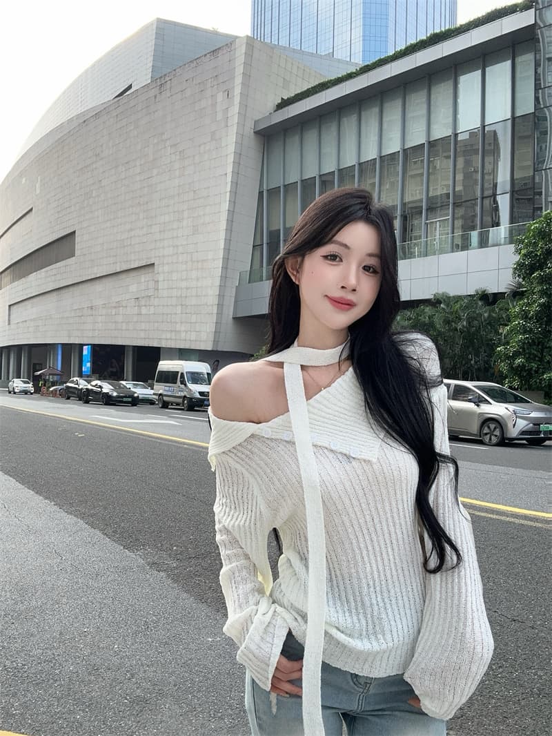 실사 고급 센스 비스듬한 어깨 대 뒤집다 측면 리본 긴팔 얇은 스타일 니트 스웨터 여성 상세 이미지 10