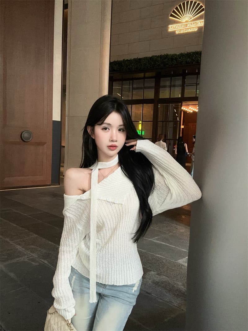 실사 고급 센스 비스듬한 어깨 대 뒤집다 측면 리본 긴팔 얇은 스타일 니트 스웨터 여성 상세 이미지 11