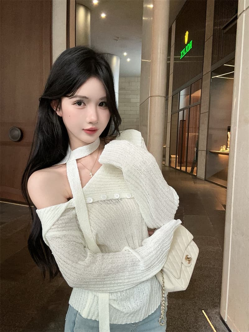 실사 고급 센스 비스듬한 어깨 대 뒤집다 측면 리본 긴팔 얇은 스타일 니트 스웨터 여성 상세 이미지 12