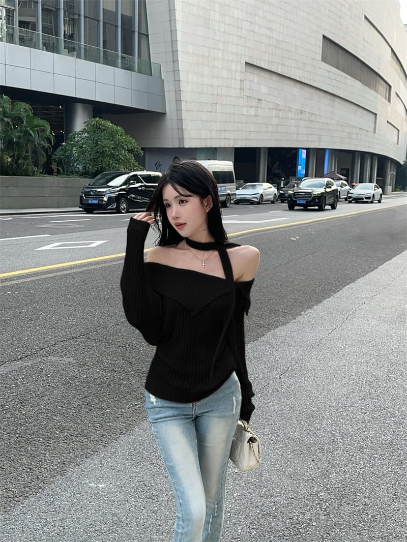 실사 고급 센스 비스듬한 어깨 대 뒤집다 측면 리본 긴팔 얇은 스타일 니트 스웨터 여성 상세 이미지 15