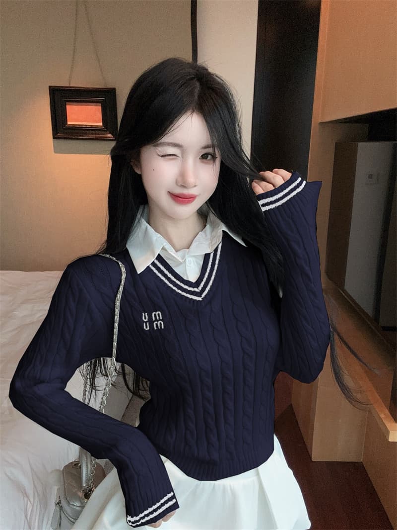 실사 디자인 센스 자수 V넥 꽈배기 페이크 레이어드 긴팔 니트 스웨터 여성
