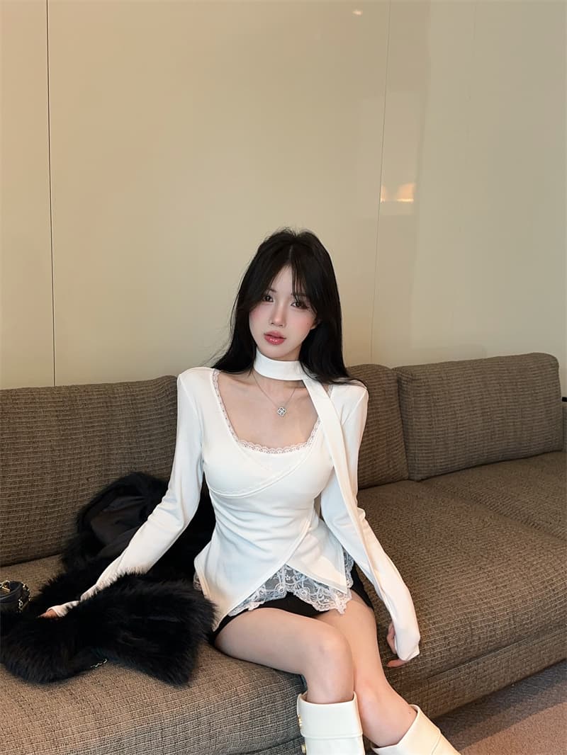 실사 순수한 욕망 V넥 레이스 조각 불규칙 페이크 레이어드 순면 티셔츠 맨위 여성 상세 이미지 2