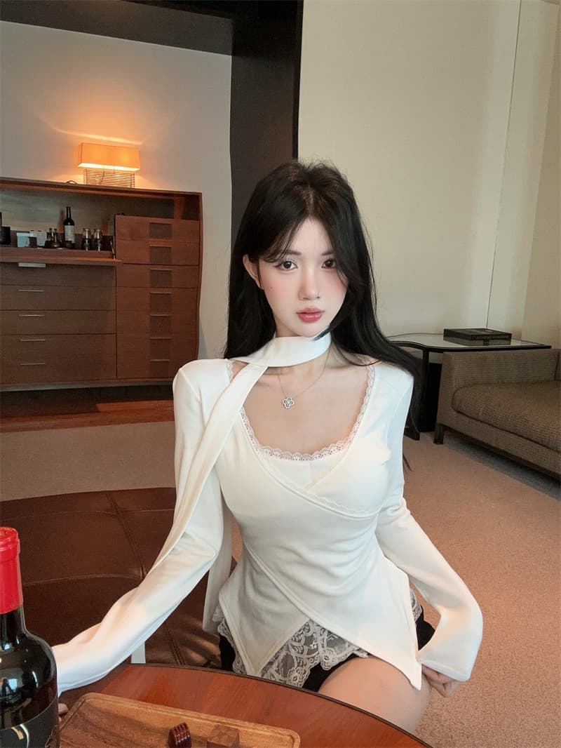 실사 순수한 욕망 V넥 레이스 조각 불규칙 페이크 레이어드 순면 티셔츠 맨위 여성 상세 이미지 4
