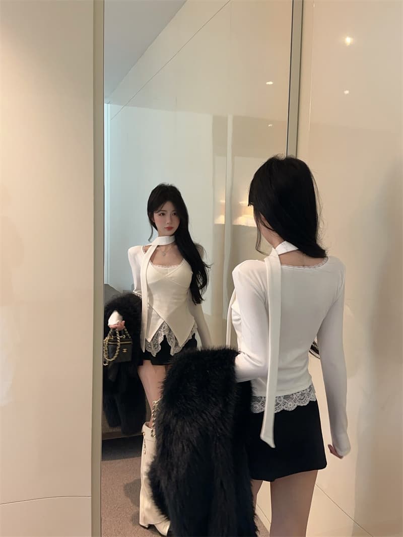 실사 순수한 욕망 V넥 레이스 조각 불규칙 페이크 레이어드 순면 티셔츠 맨위 여성 상세 이미지 7