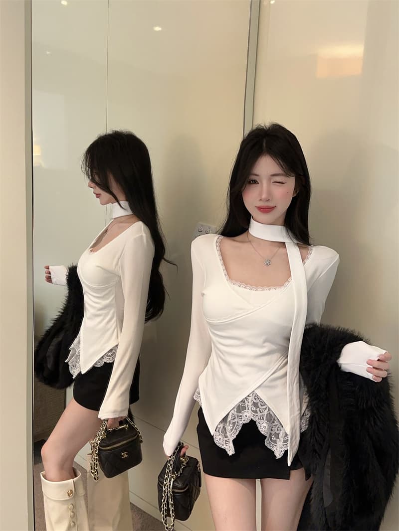 실사 순수한 욕망 V넥 레이스 조각 불규칙 페이크 레이어드 순면 티셔츠 맨위 여성 상세 이미지 8