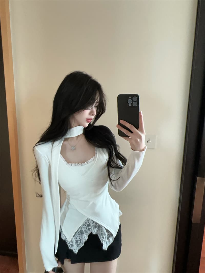 실사 순수한 욕망 V넥 레이스 조각 불규칙 페이크 레이어드 순면 티셔츠 맨위 여성 상세 이미지 10