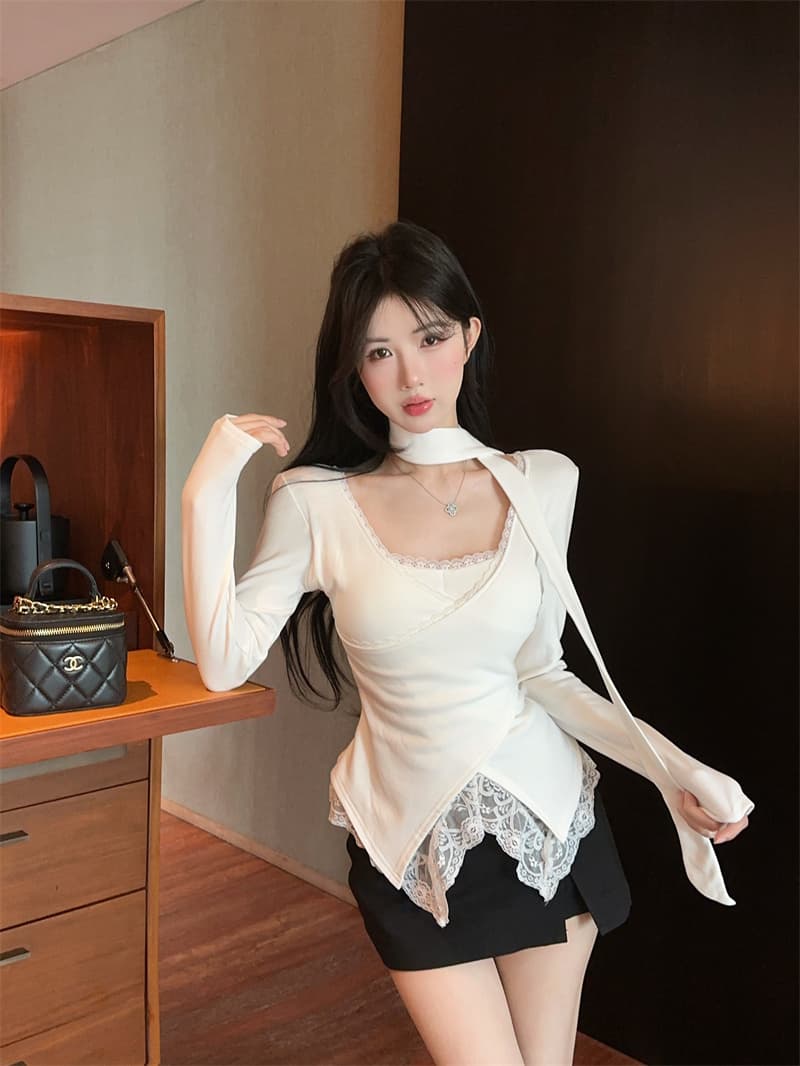 실사 순수한 욕망 V넥 레이스 조각 불규칙 페이크 레이어드 순면 티셔츠 맨위 여성 상세 이미지 13