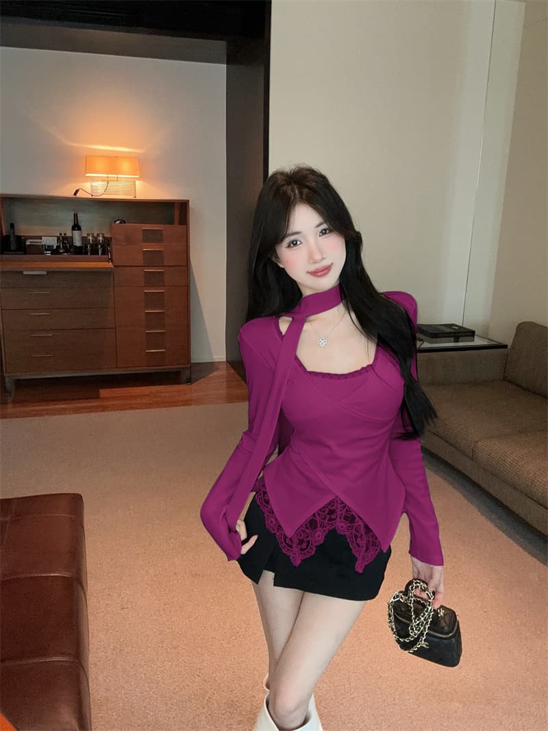 실사 순수한 욕망 V넥 레이스 조각 불규칙 페이크 레이어드 순면 티셔츠 맨위 여성 상세 이미지 14