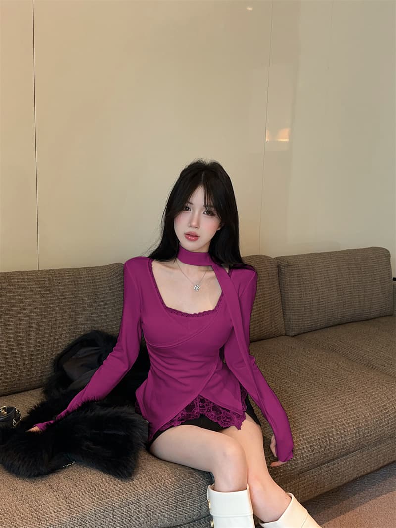 실사 순수한 욕망 V넥 레이스 조각 불규칙 페이크 레이어드 순면 티셔츠 맨위 여성 상세 이미지 15